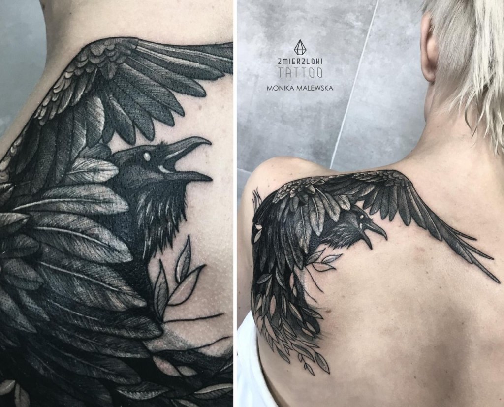 Picture of: Black raven shoulder tattoo  Grey ink tattoos, Shoulder tattoo
