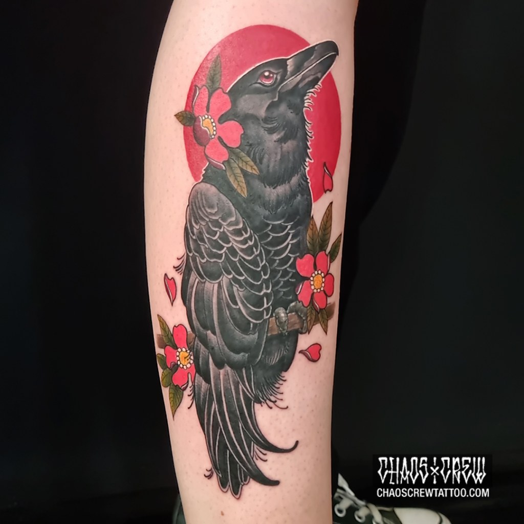 Picture of: Neotraditional raven in front of the blood moon – Tattoo Studio
