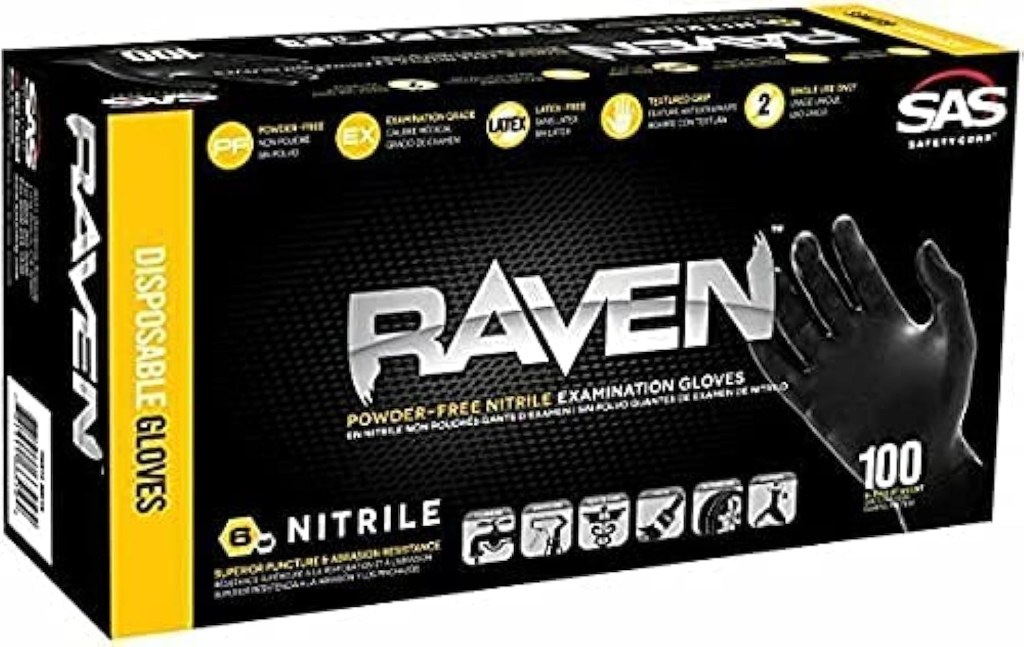 Picture of: SAS Safety  Raven Powder-Free Nitrile Disposable Glove, X-Large,  mil  Thick (Pack of )