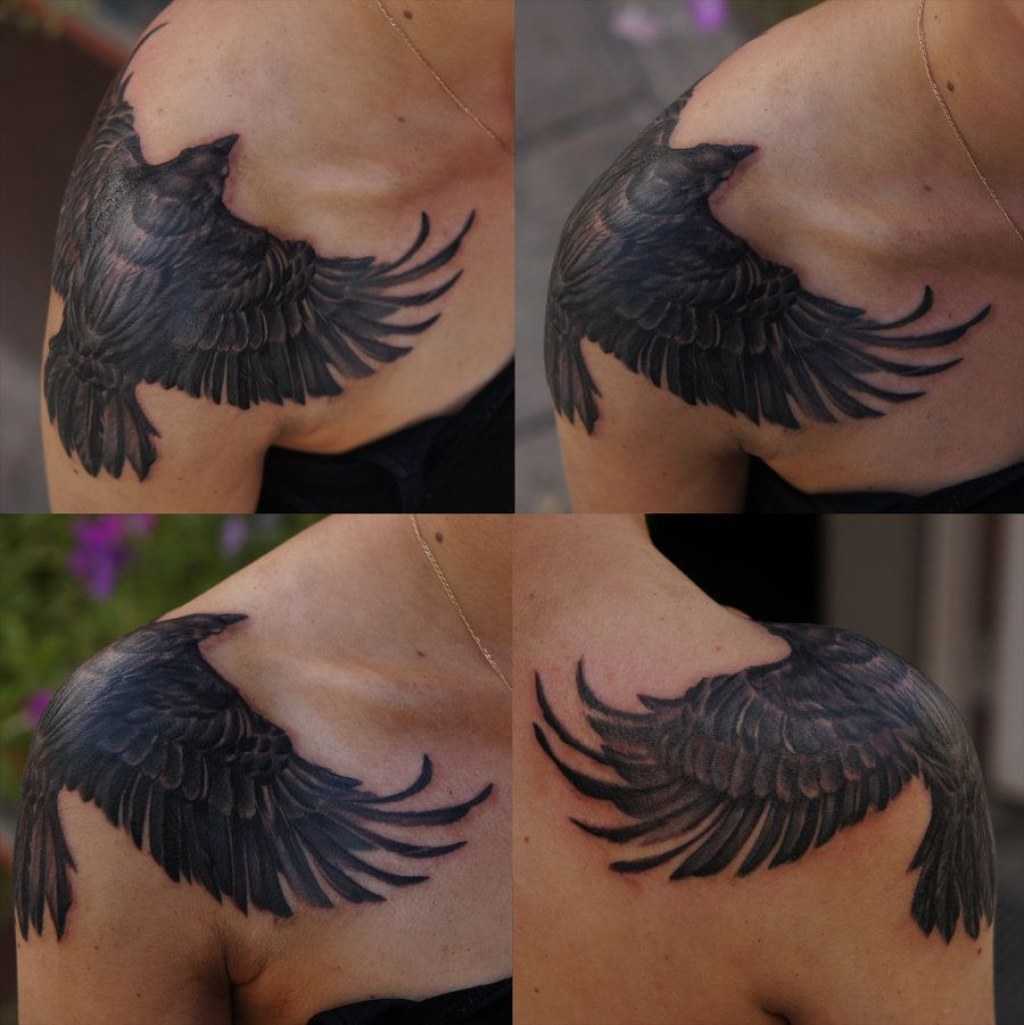 Picture of: Shoulder crow  Shoulder tattoo, Hawk tattoo, Tattoos
